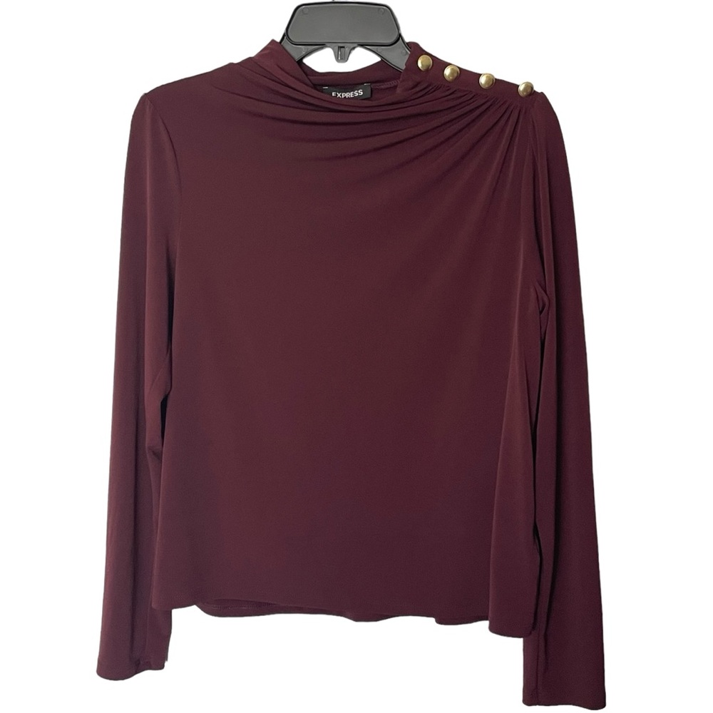 Express Burgundy Ruched Long Sleeve Top with Gold Button Shoulder Accent Size XS